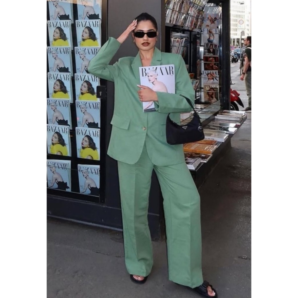 Zara | Linen Blend Menswear Inspired Relaxed Suit Set In Mid Green Size XS